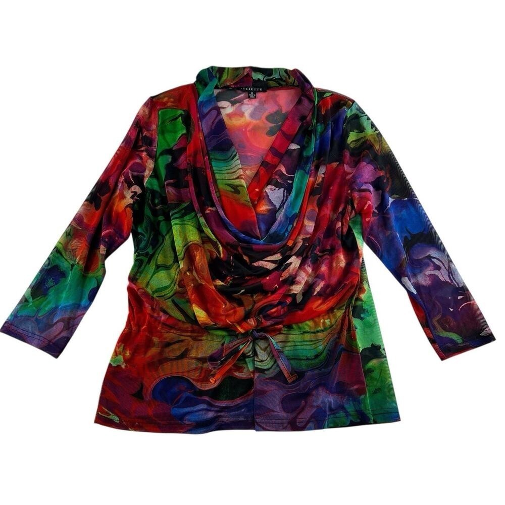 Juliette‎ XL Drape Front Blouse Top Drawstring Waist Abstract Art To Wear Mesh